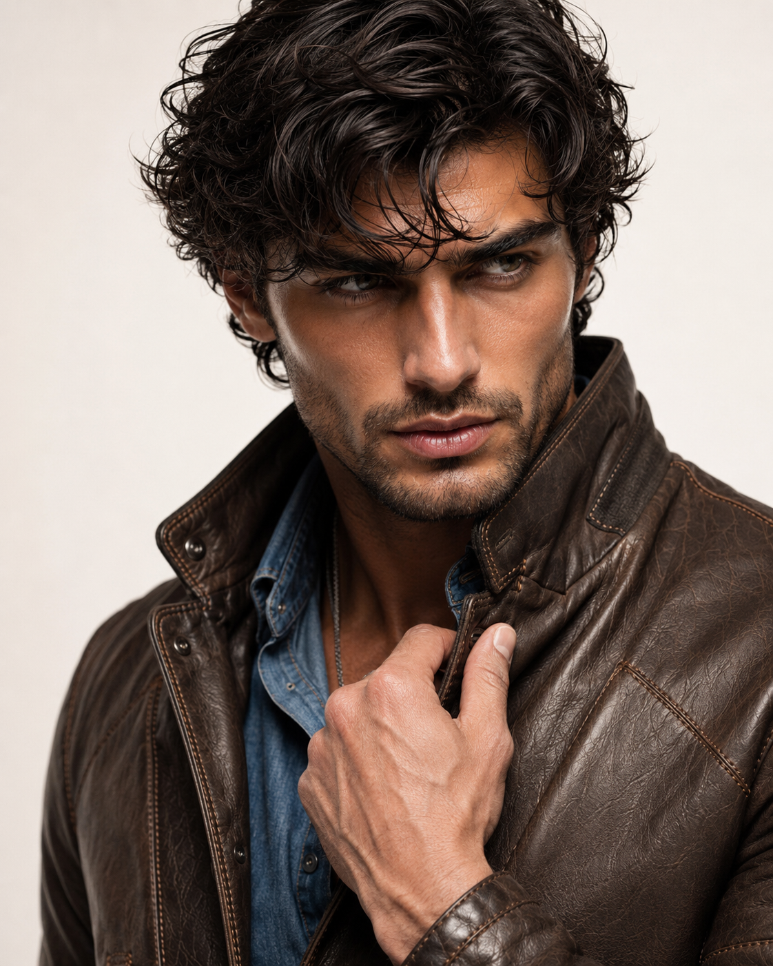 Brown Sheep Leather Blazer Jacket – Slim Fit Moto | Daaran – close-up of leather texture and stitching