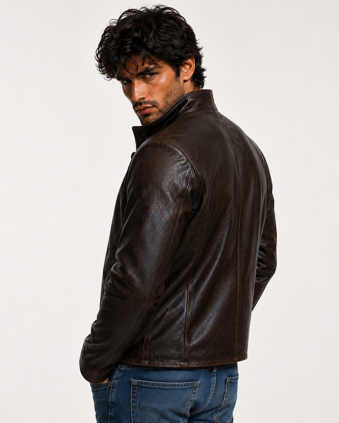 Men's Distressed Brown Mandarin Collar Leather Jacket | Daaran – interior lining view