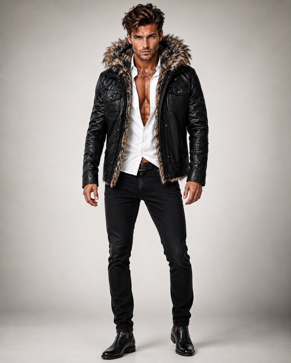 Black Fur Collar Leather Jacket