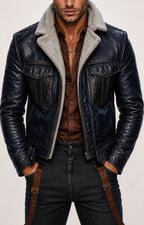 Navy Shearling Flight Jacket in Genuine Sheep Leather | The Crosby by Daaran