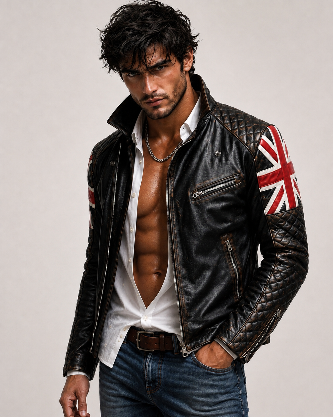 Union Jack Black Leather Café Racer Jacket | Daaran – back view