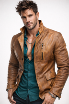 Men’s Cognac Brown Moto Leather Jacket – Distressed Sheep Leather Slim Fit | Torve by Daaran