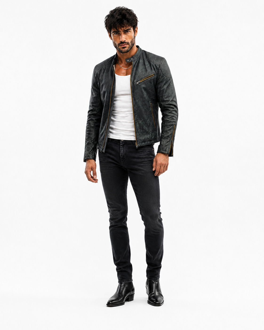 Distressed Green Sheep Leather Biker Jacket