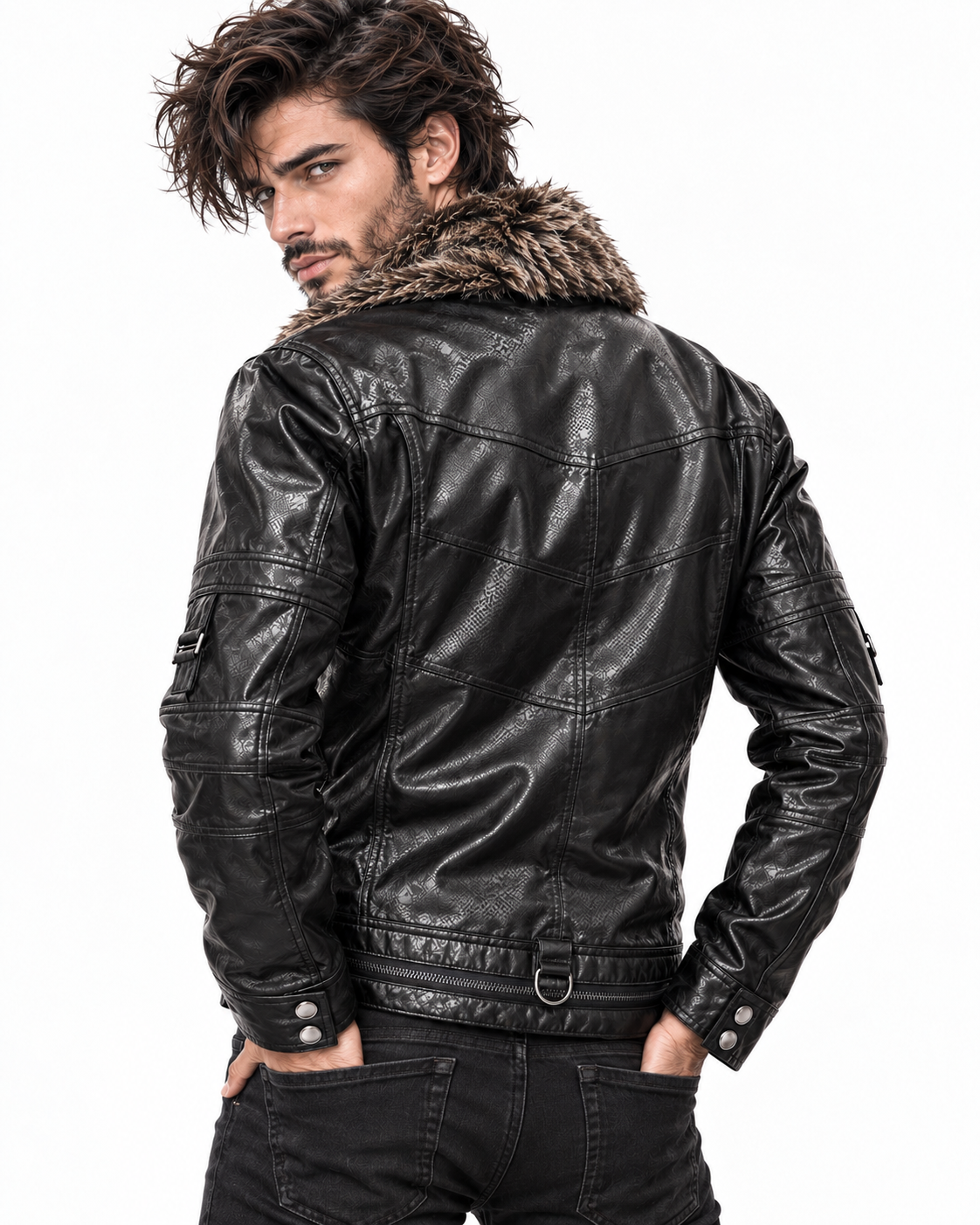 Black Fur Collar Leather Jacket