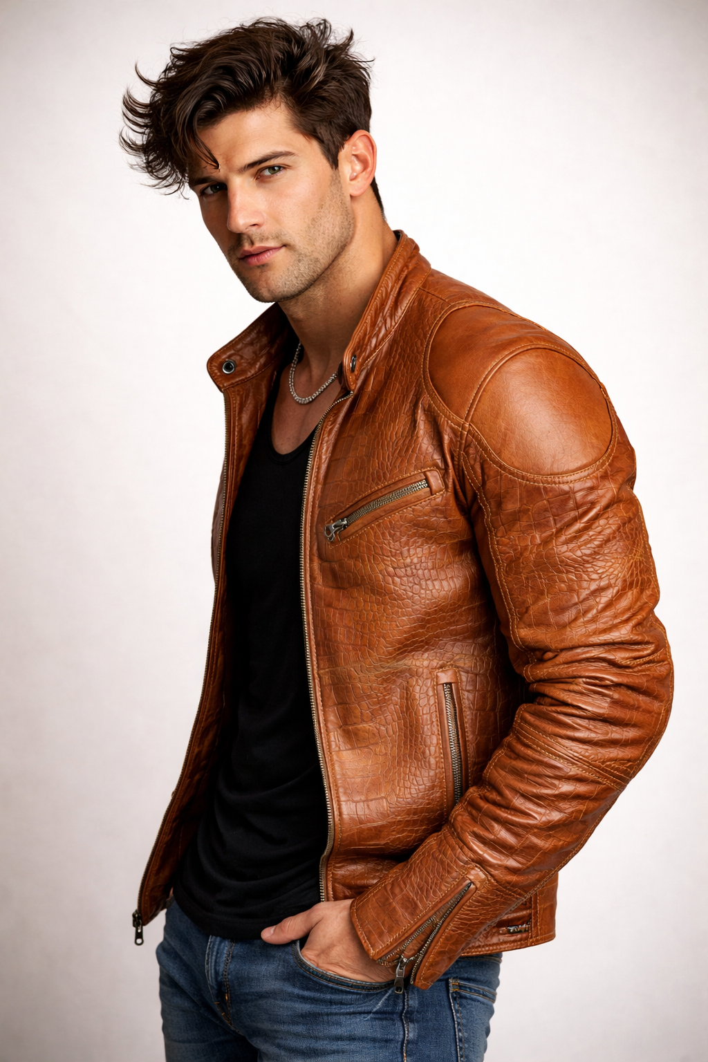 Cognac Croc-Embossed Sheep Leather Moto Jacket – Slim Fit | Crovane by Daaran