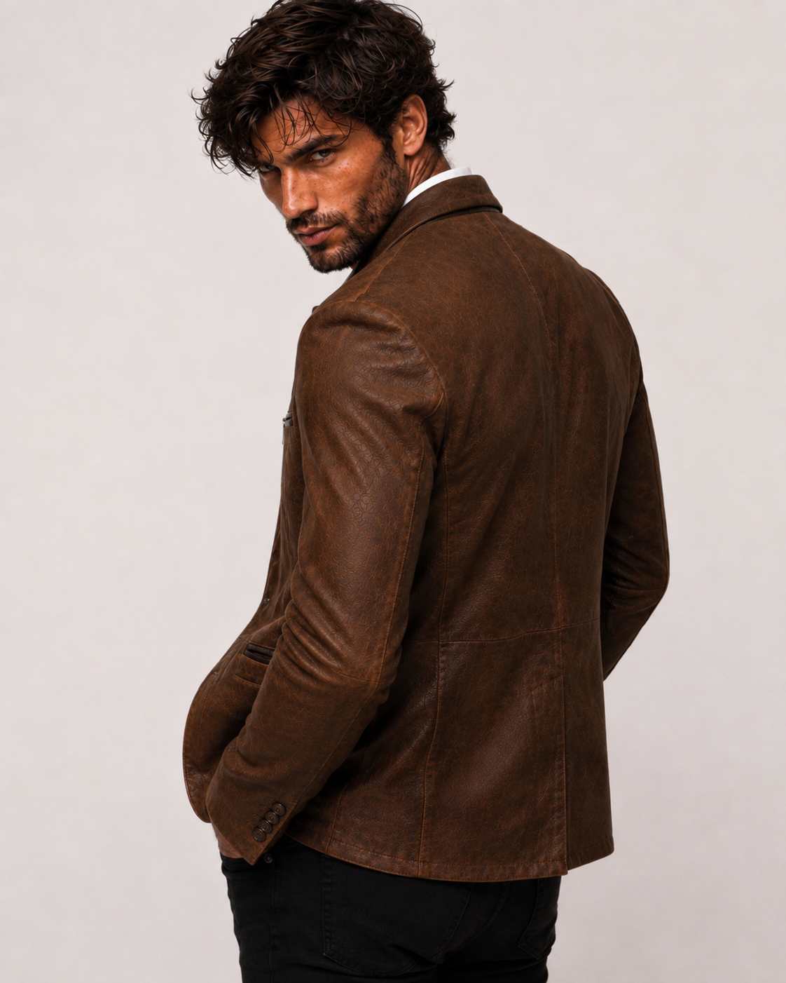Cognac Brown Suede Leather Blazer – VEYNOR | Daaran – collar and zipper detail