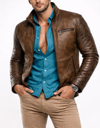 Rustborn Luxe Distressed Brown Leather Biker Jacket