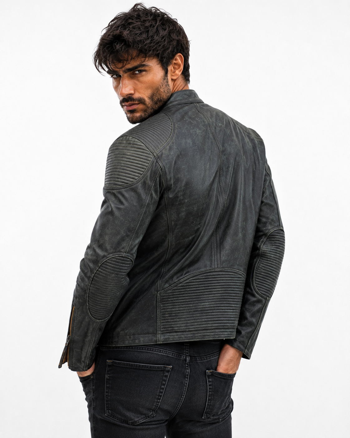 Distressed Green Sheep Leather Biker Jacket