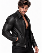 Black Cowhide Leather Bomber Jacket – Slim Fit Moto