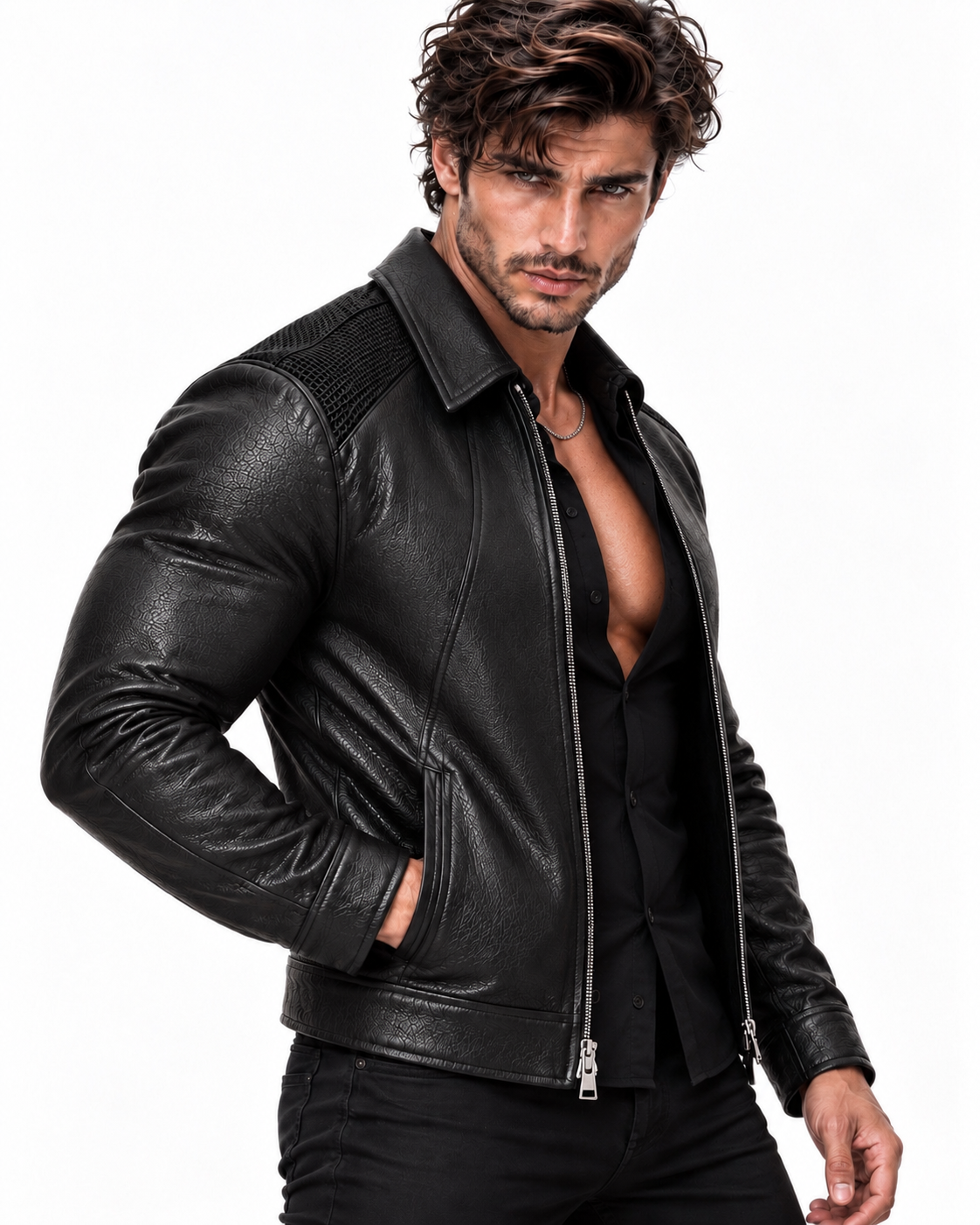 Black Cowhide Leather Bomber Jacket – Slim Fit Moto
