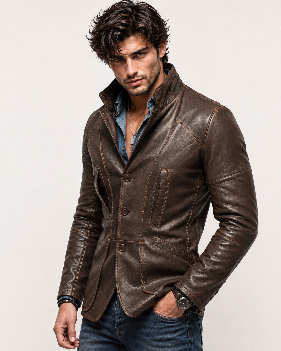 Brown Sheep Leather Blazer Jacket – Slim Fit Moto | Daaran – back view