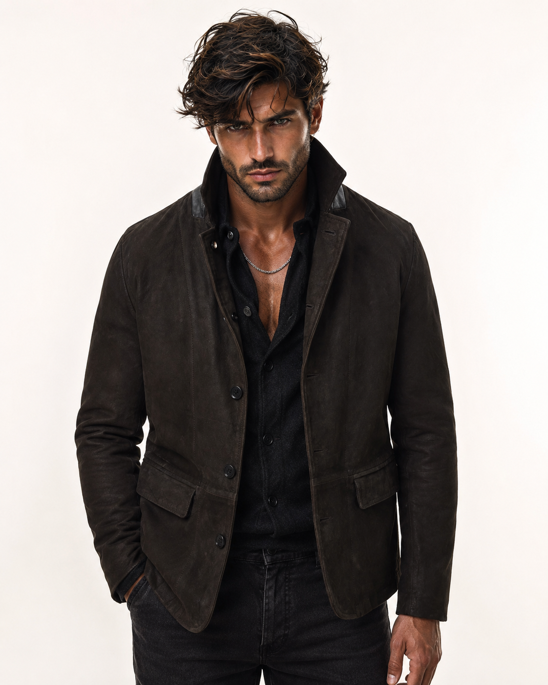 Black Suede Blazer Jacket – Daaran Savren – front view