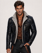 Navy Shearling Flight Jacket in Genuine Sheep Leather | The Crosby by Daaran