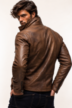 Men's Brown Sheep Leather Blazer: Vintage Slim Fit Jacket | Daaran – collar and zipper detail