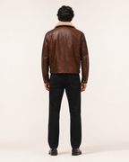 Distressed Brown Shearling Trucker Jacket – Daaran Maverick – three-quarter view