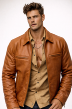 Men’s Camel Cowhide Leather Jacket – Slim Fit Moto Cafe Racer Jacket
