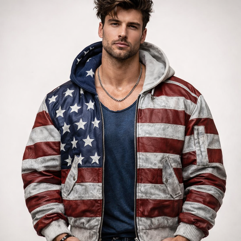 Men’s Distressed Sheep Leather Bomber Jacket – Vintage Flag | Daaran Keaton