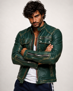 Urban Viper Distressed Green Leather Biker Jacket