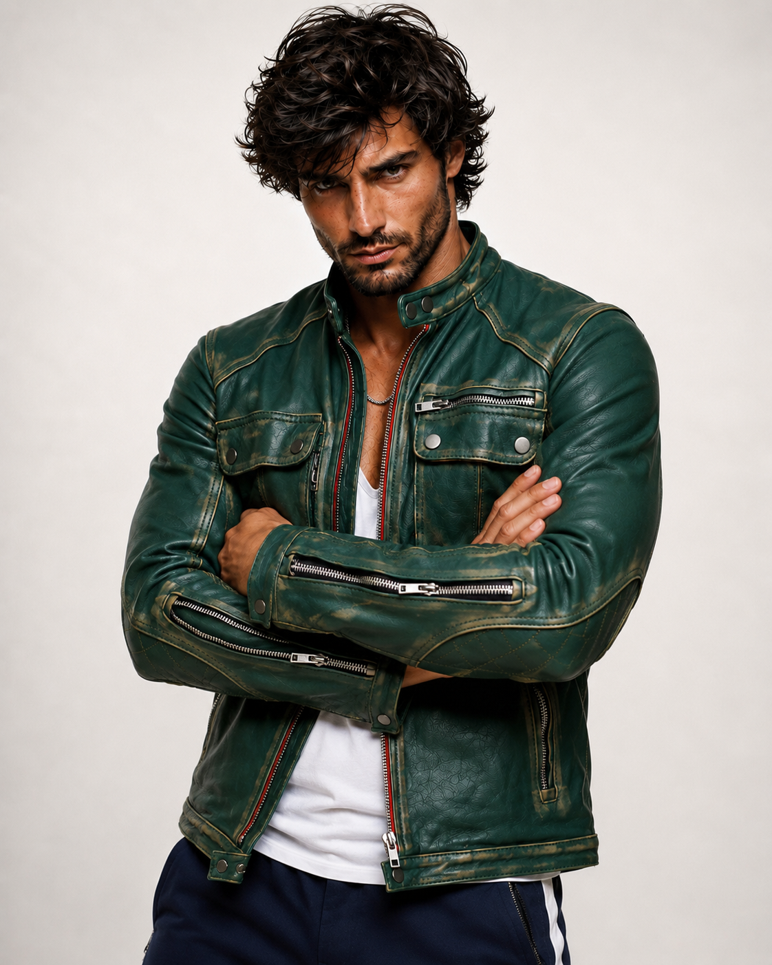 Urban Viper Distressed Green Leather Biker Jacket