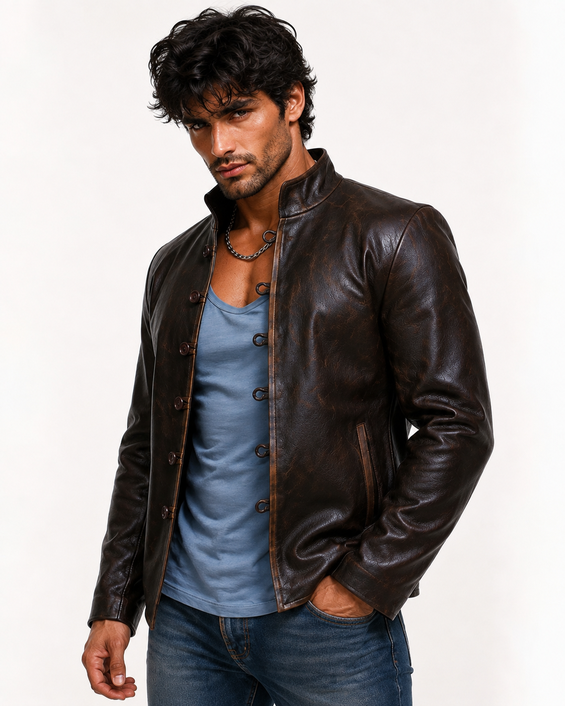 Men's Distressed Brown Mandarin Collar Leather Jacket | Daaran – back view
