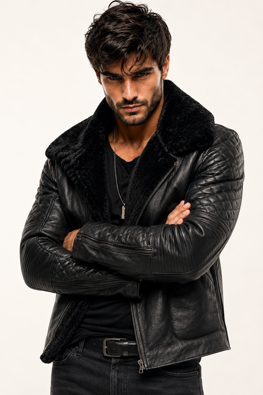 Obsidian Reign Black Leather Shearling Jacket