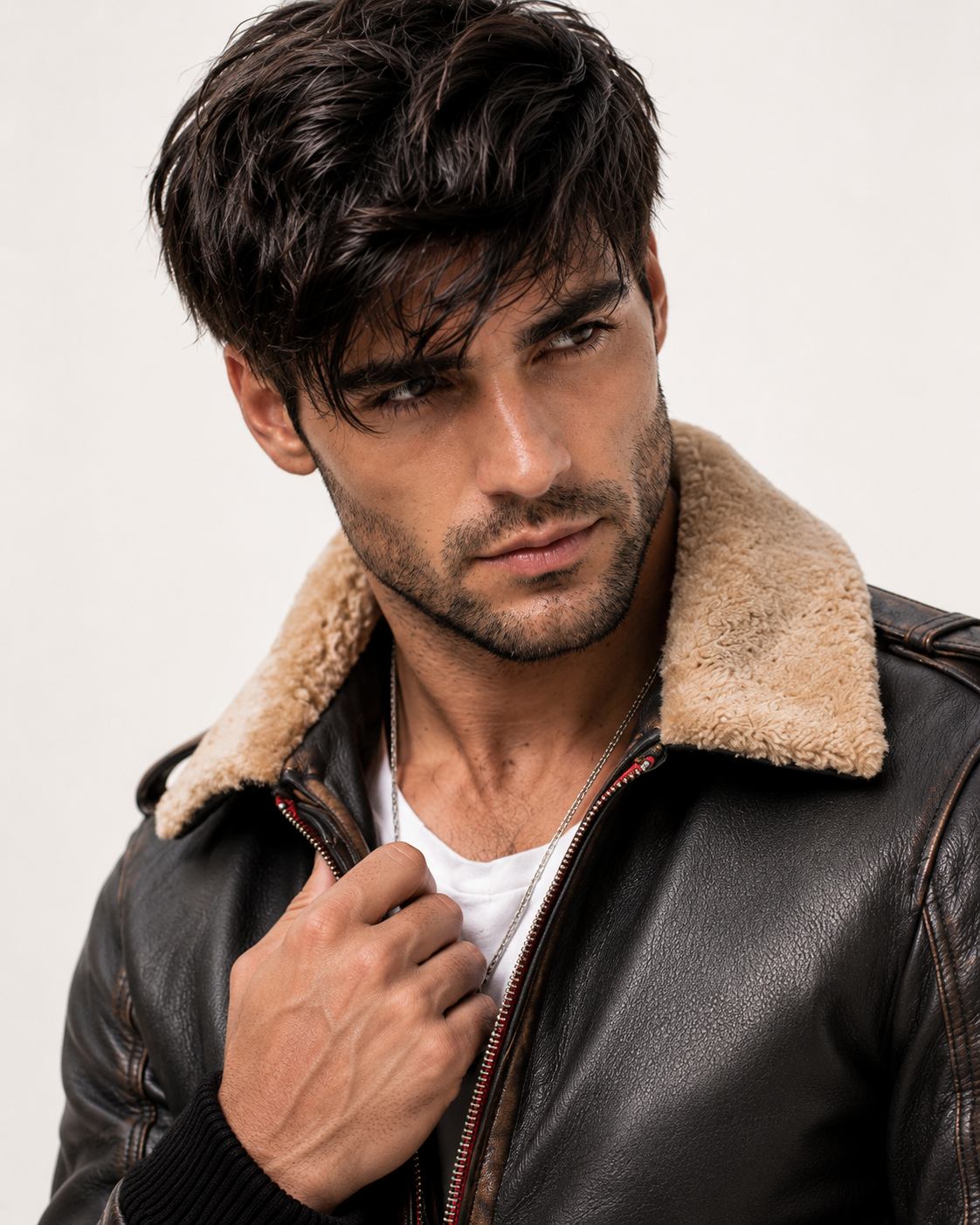 Distressed Brown Shearling Aviator Bomber Jacket