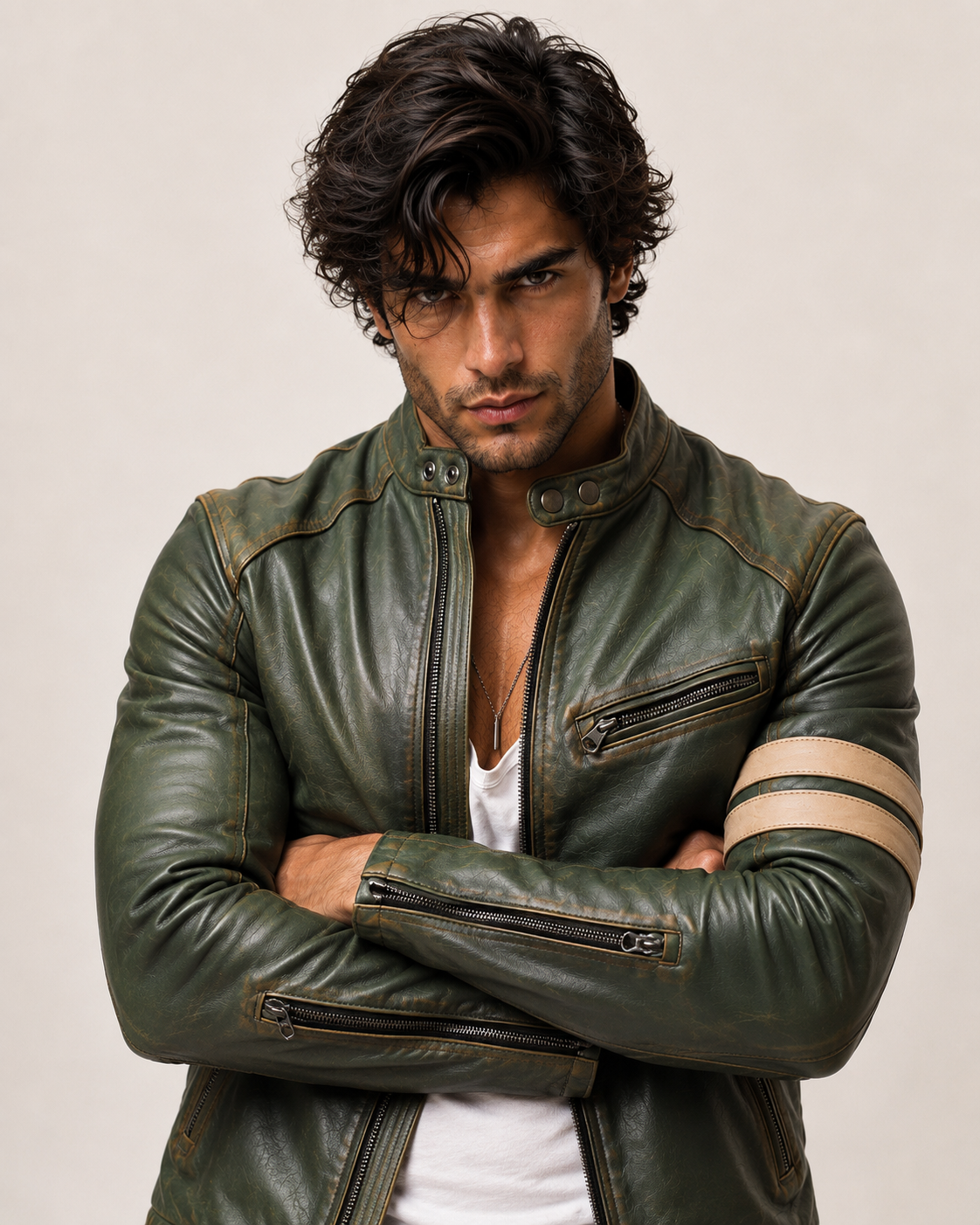 Falcon Verde Green Leather Café Racer Jacket