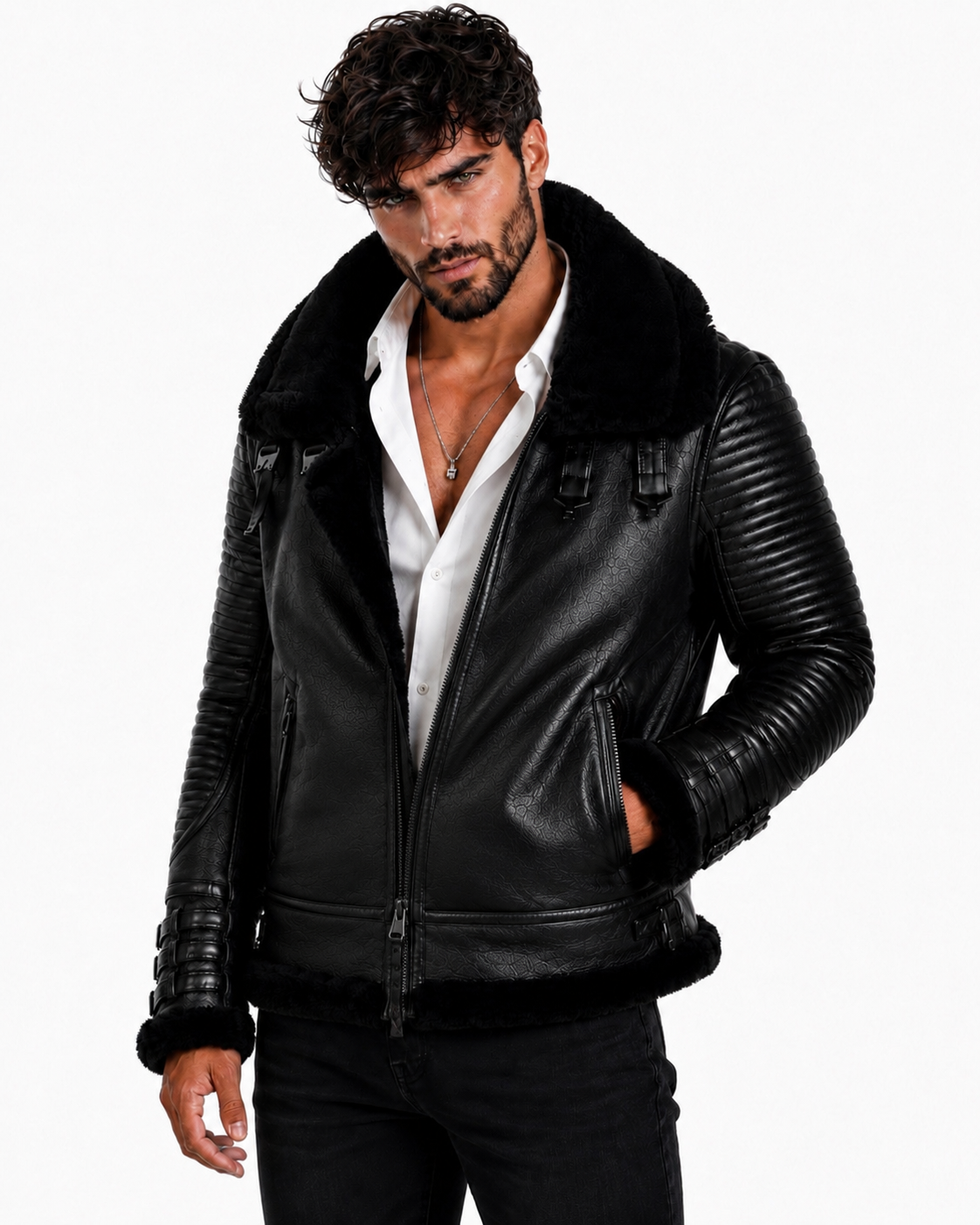 Shadow Sentinel Black Leather Aviator Jacket