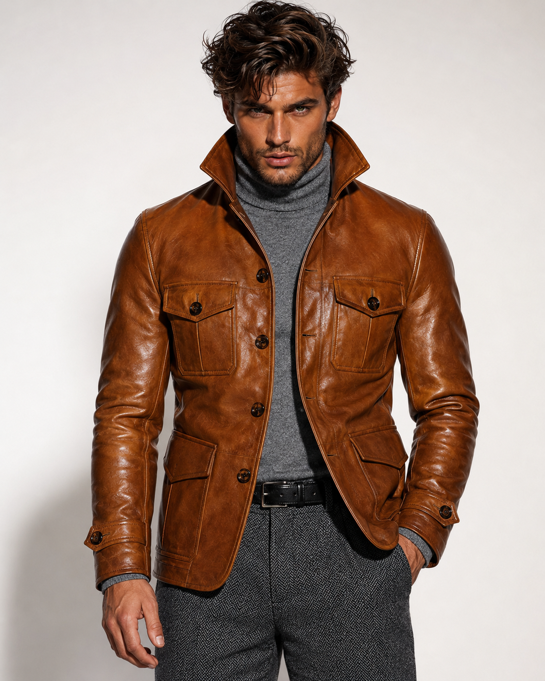 Arvell Handmade Cognac Sheep Leather Safari Field Jacket