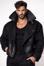 Black Wool & Leather Jacket for Men – NOX | Double Breasted Slim Fit Designer Winter Coat