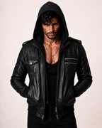 Black Sheep Leather Bomber Jacket – Detachable Hoodie | Daaran – three-quarter view