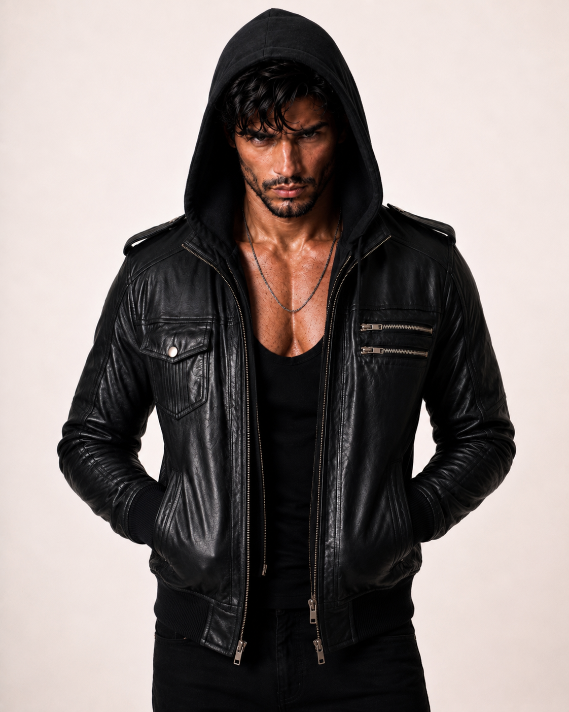 Black Sheep Leather Bomber Jacket – Detachable Hoodie | Daaran – three-quarter view