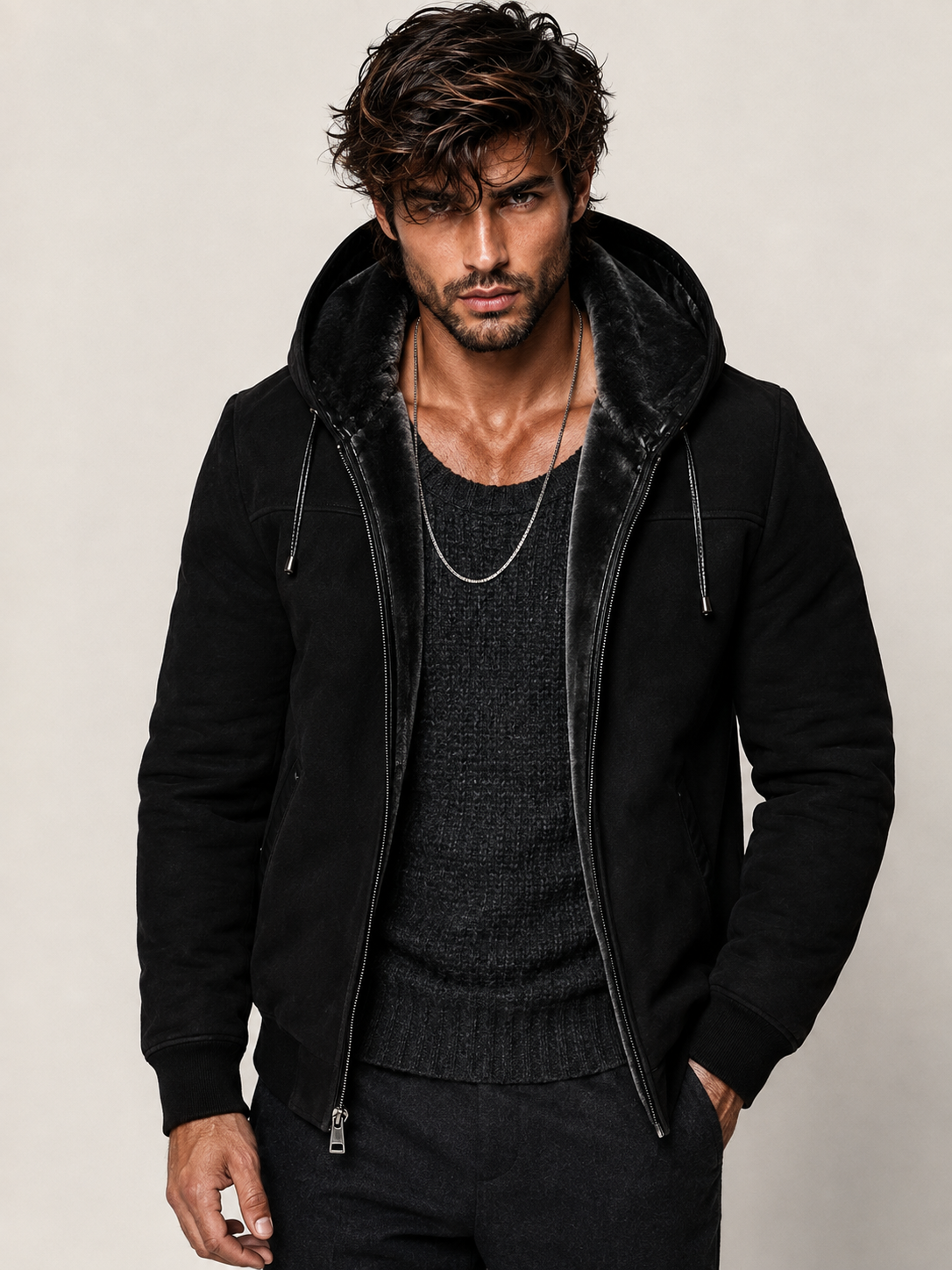 Black Suede Shearling Hoodie Jacket – Dravik