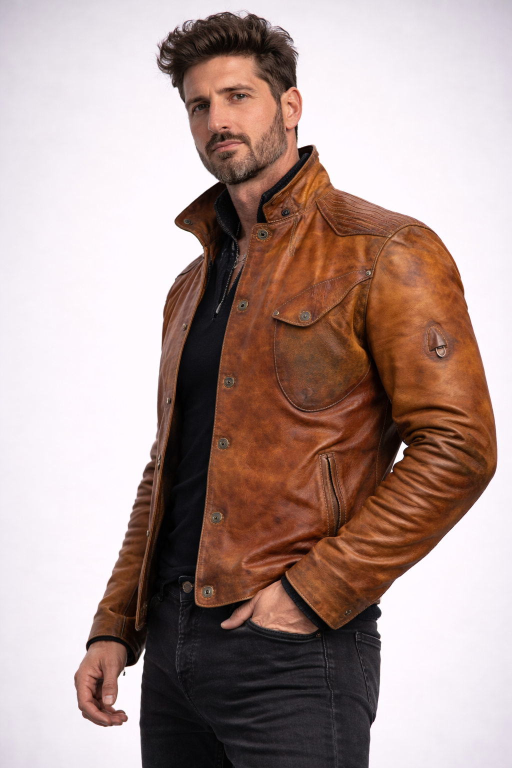 Cognac Burnished Leather Jacket – Dravenor by Daaran