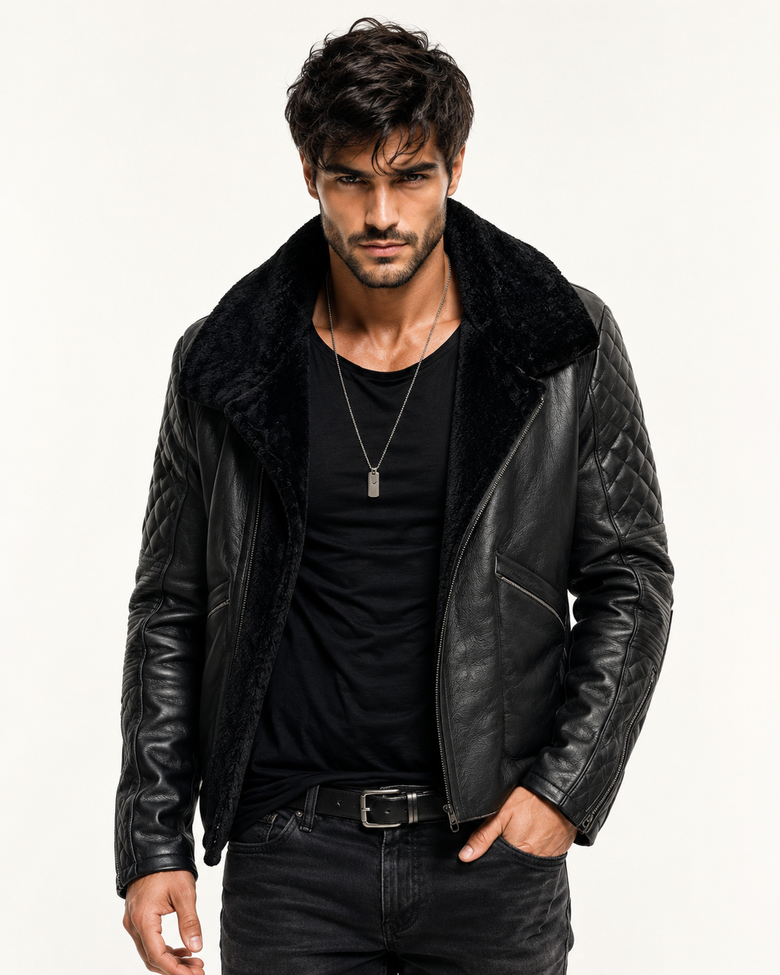 Obsidian Reign Black Leather Shearling Jacket