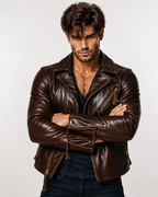 Men's Sheep Leather Biker Jacket: Slim Fit Motorcycle Style | Daaran – collar and zipper detail