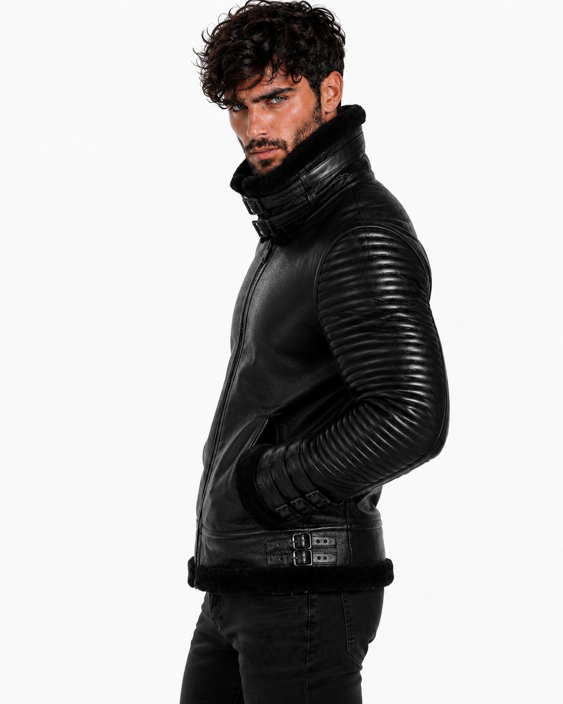 Shadow Sentinel Black Leather Aviator Jacket