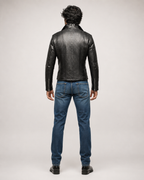 Noir Venom Black Leather Biker Jacket | Daaran – styled, worn view