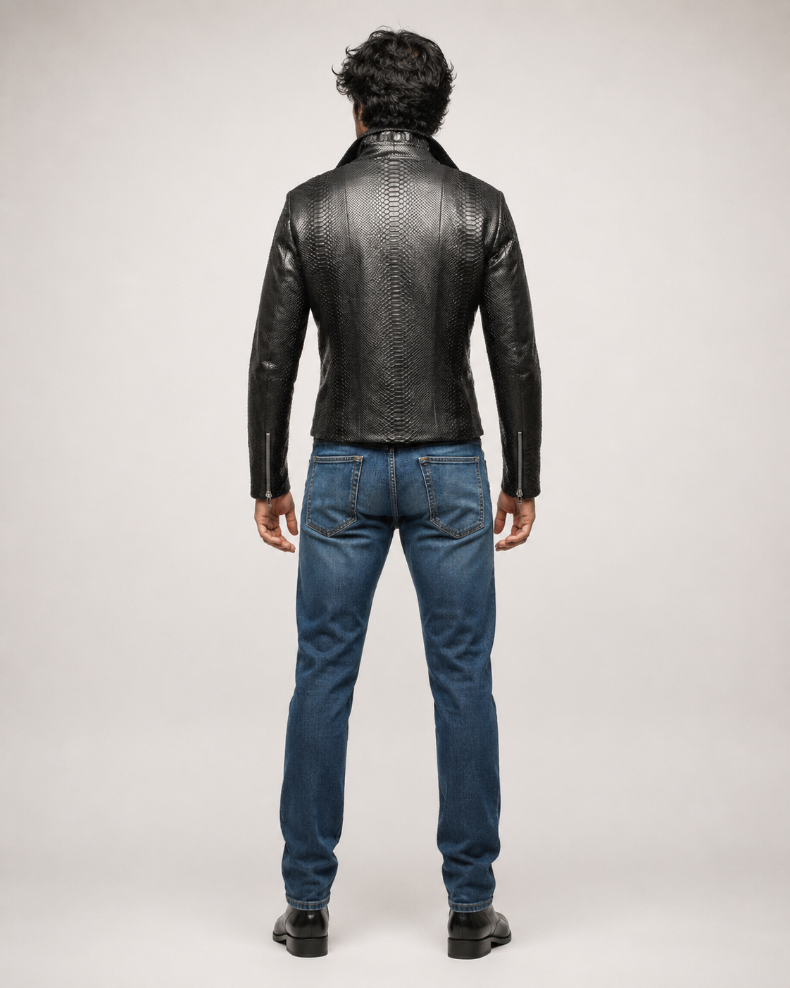 Noir Venom Black Leather Biker Jacket | Daaran – styled, worn view
