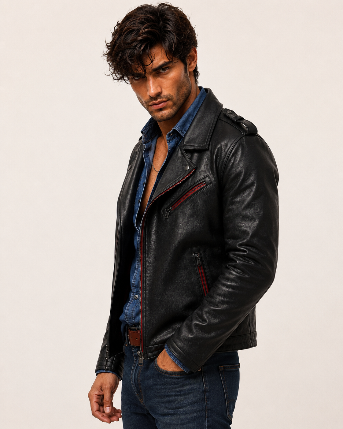 Redline Phantom Black Leather Biker Jacket