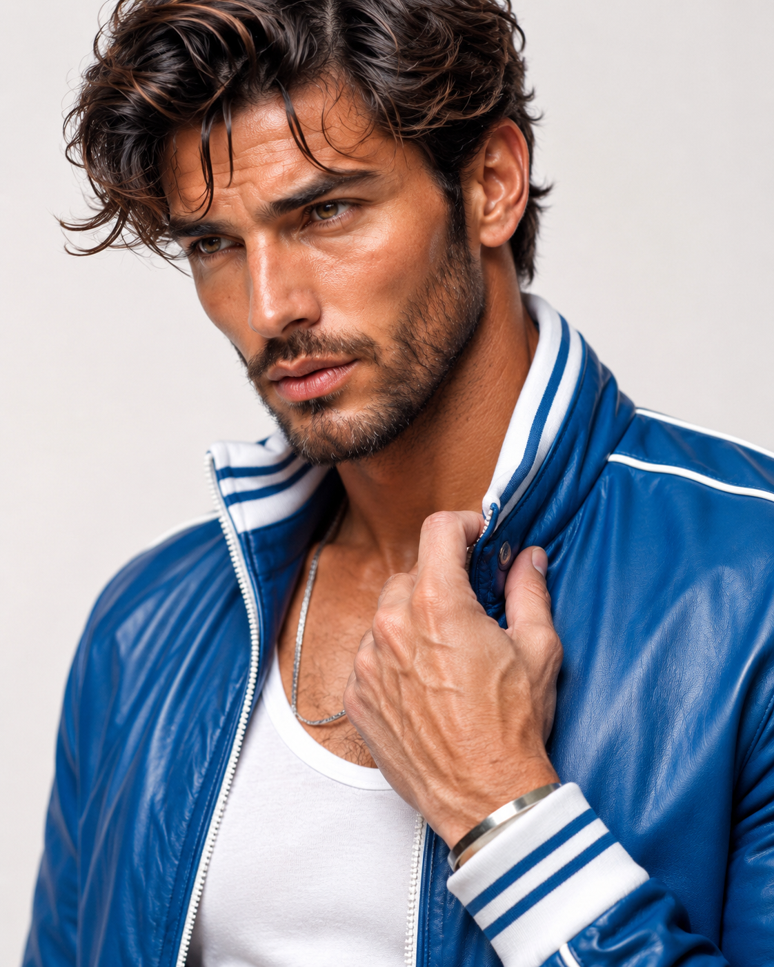 Veloce Royale Royal Blue Leather Bomber Jacket | Daaran – close-up of leather texture and stitching