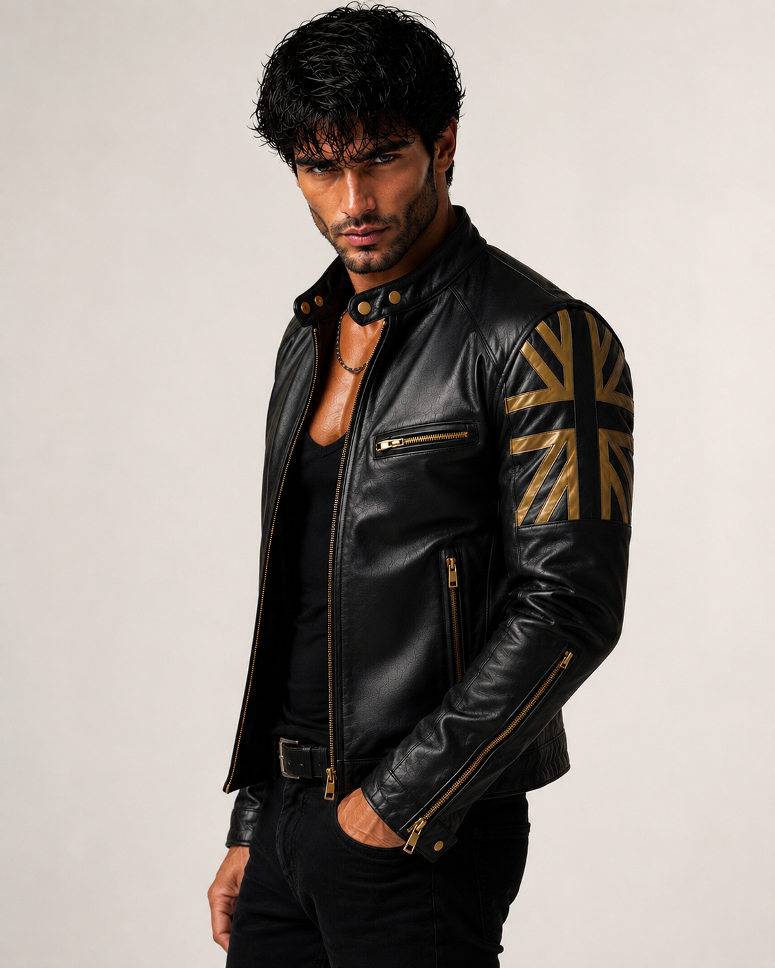 Men's Black Sheep Leather Bomber Jacket: Cropped Relaxed Fit | Daaran – side profile view