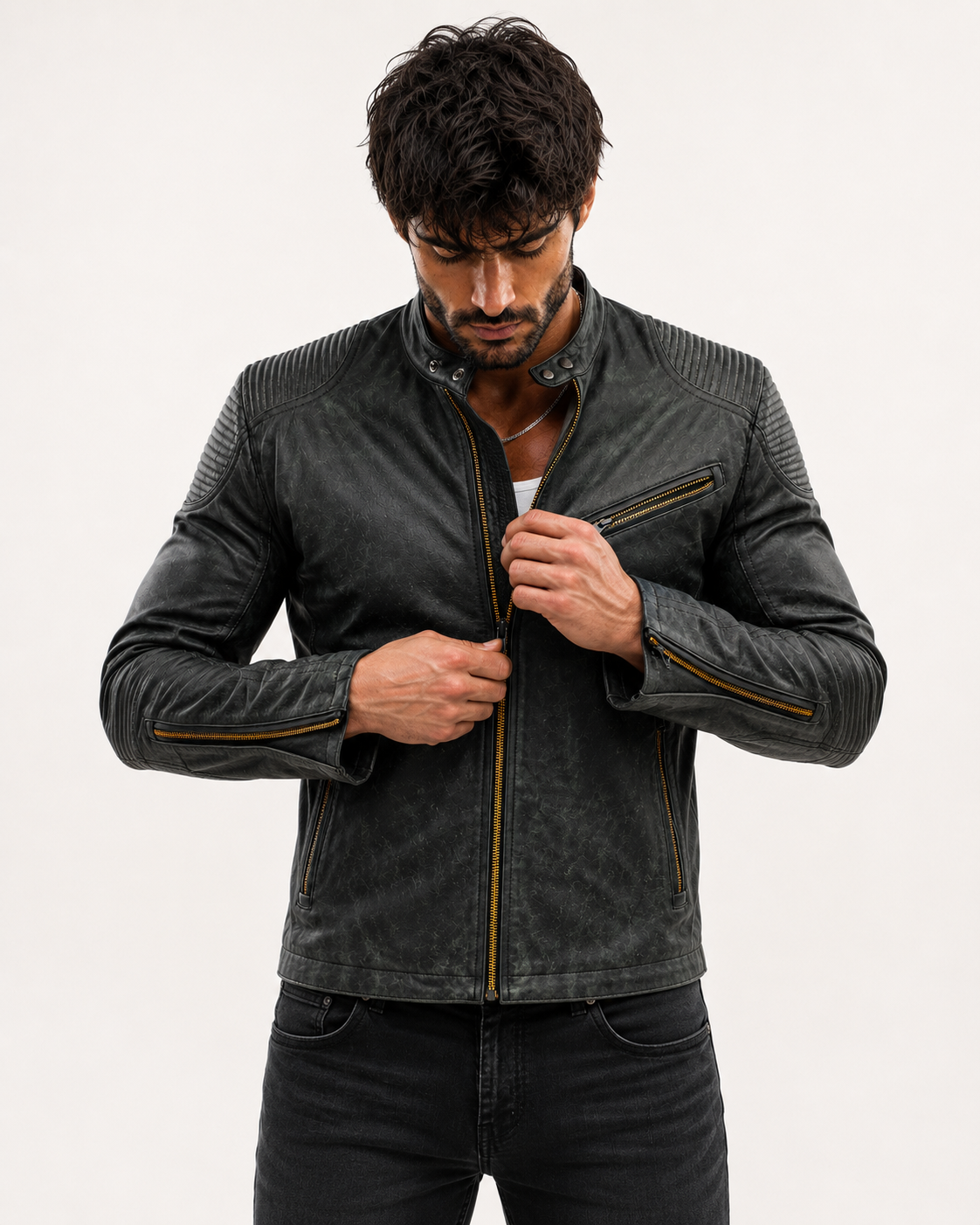 Distressed Green Sheep Leather Biker Jacket