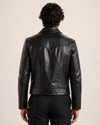 Midnight Sculpt Black Leather Racer Jacket | Daaran – sleeve and cuff detail