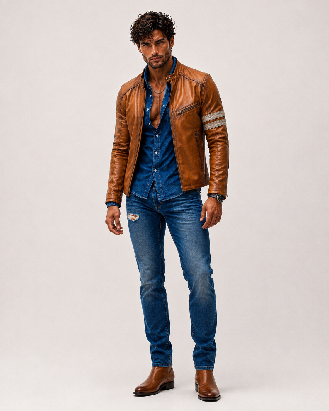 El Toro Tan Leather Café Racer Jacket | Daaran – styled, worn view