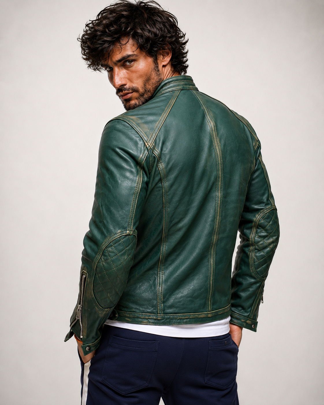 Urban Viper Distressed Green Leather Biker Jacket