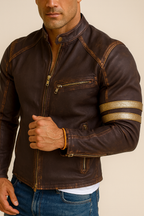 Golden Stripes Brown Leather Cafe Racer Jacket