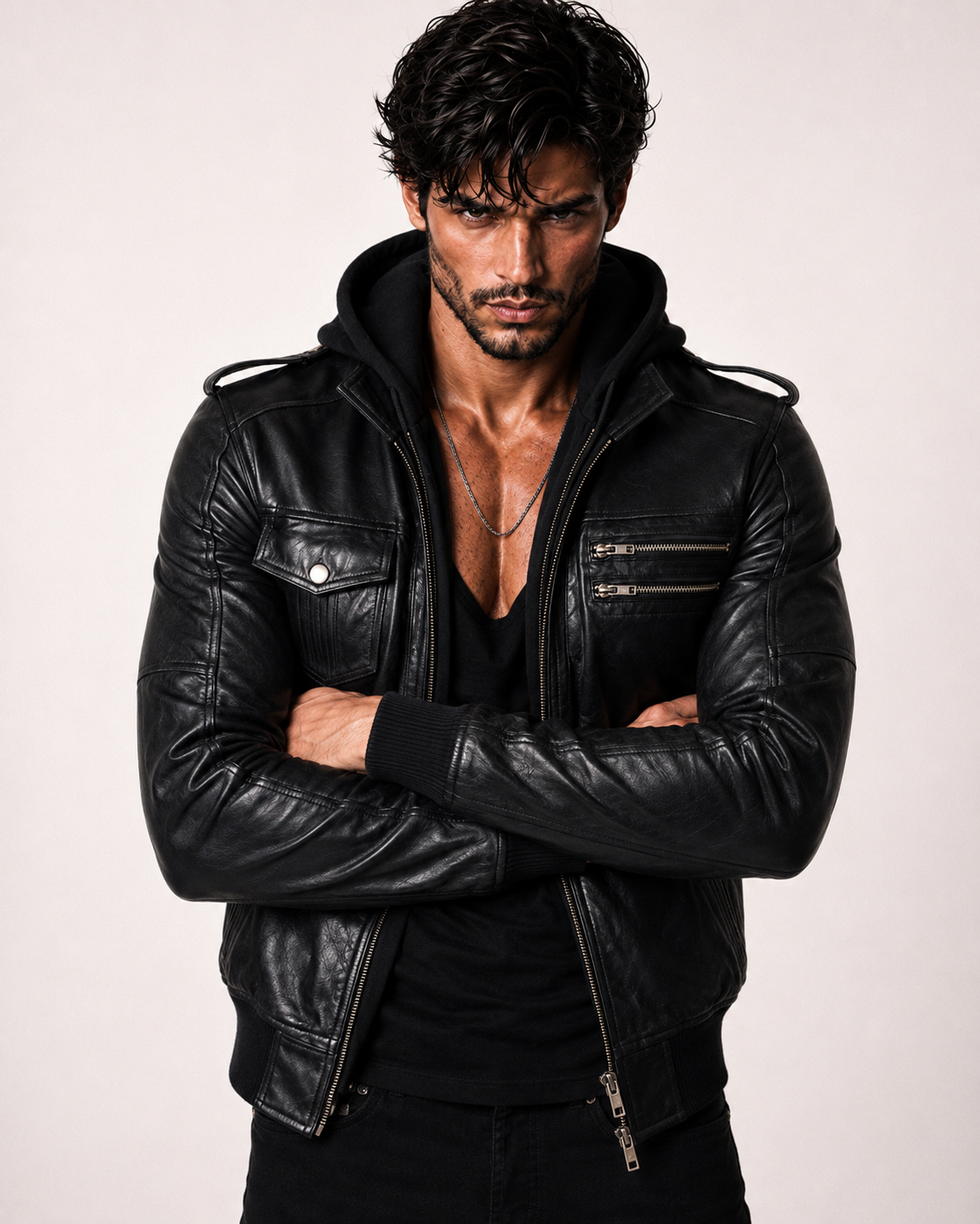 Black Sheep Leather Bomber Jacket – Detachable Hoodie | Daaran – side profile view