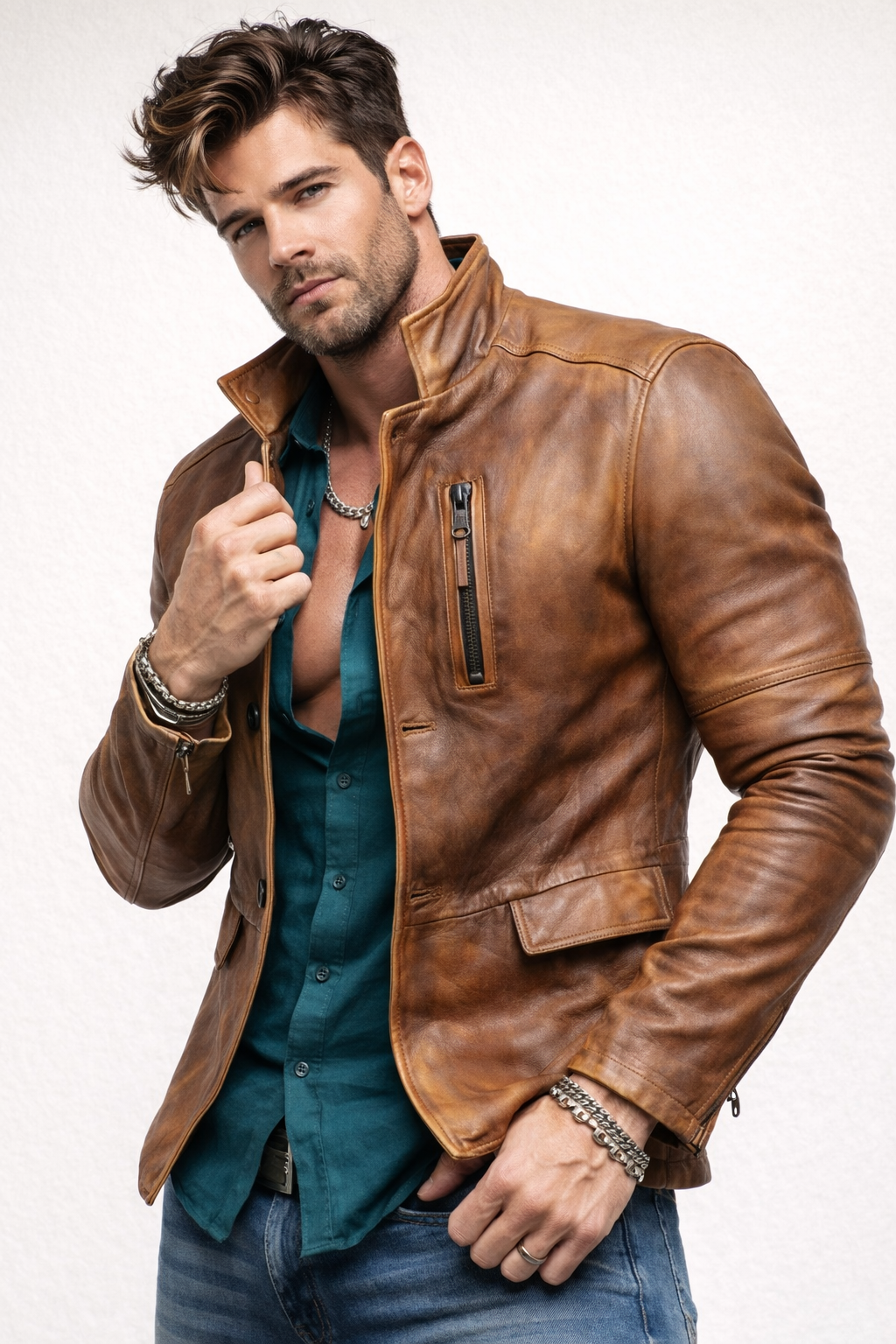 Men’s Cognac Brown Moto Leather Jacket – Distressed Sheep Leather Slim Fit | Torve by Daaran