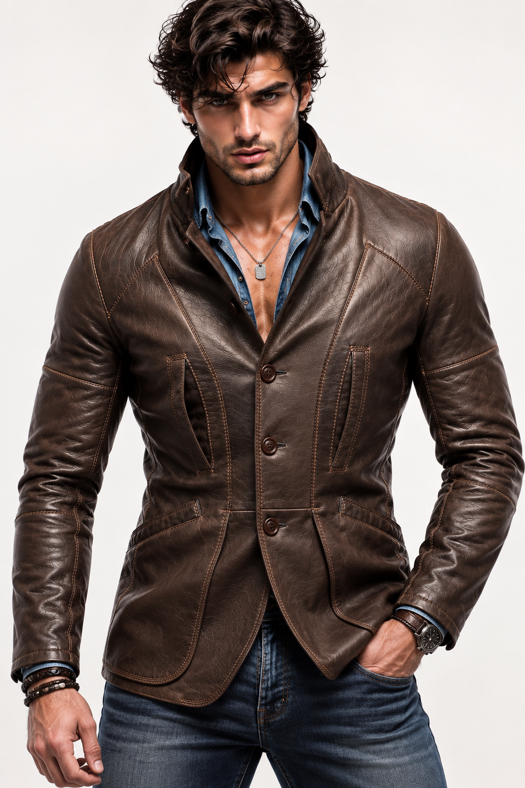 Brown Sheep Leather Blazer Jacket – Slim Fit Moto | Daaran – front view